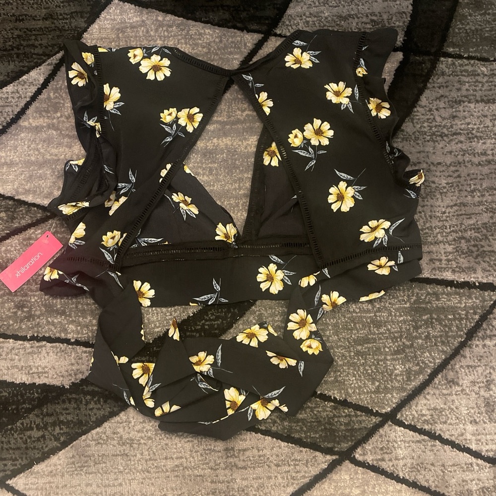 Xhilaration Black Crop Top with Yellow Floral Design